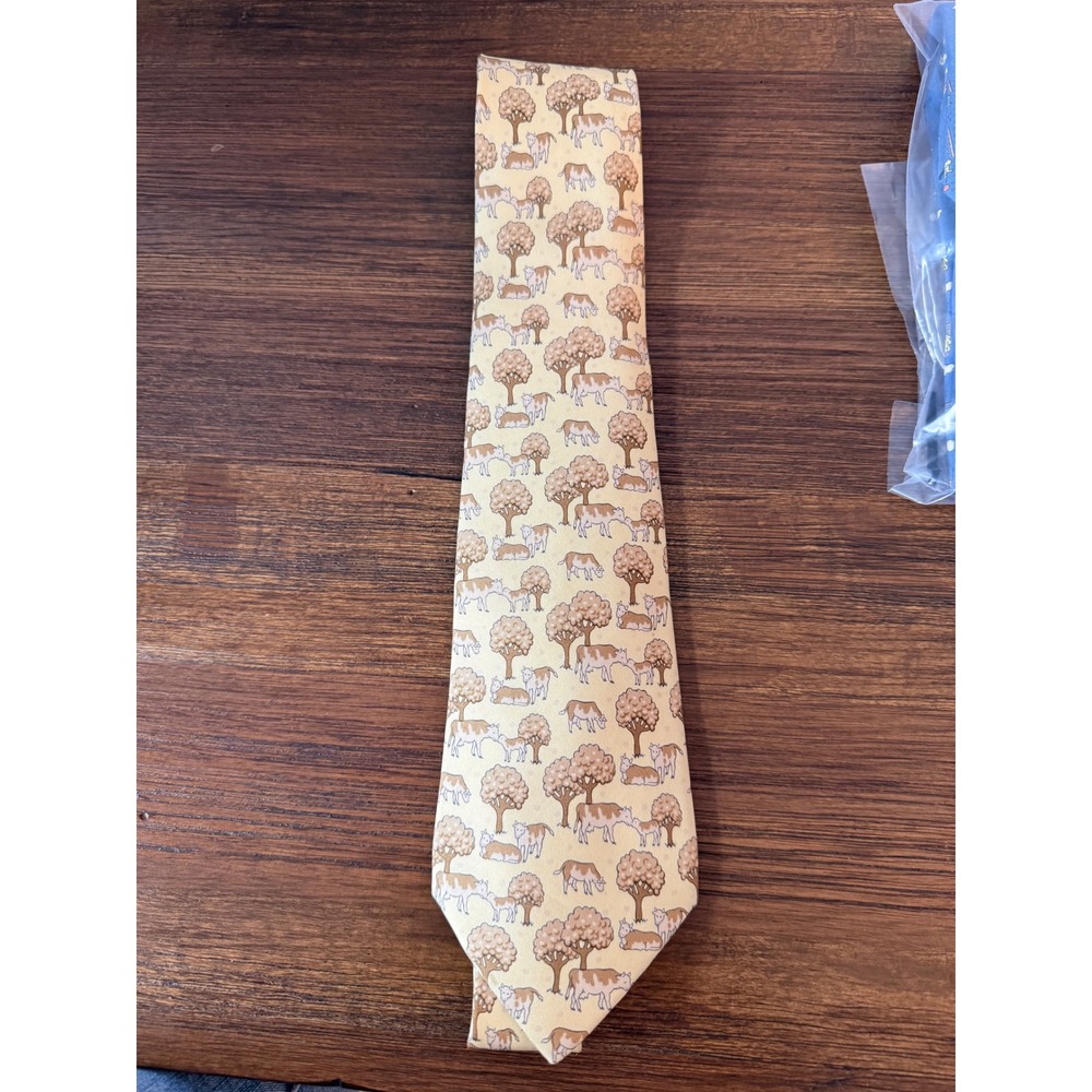Hermes Paris Silk Tie Yellow Cow Animal Print Made in France 7527 IA Mens
